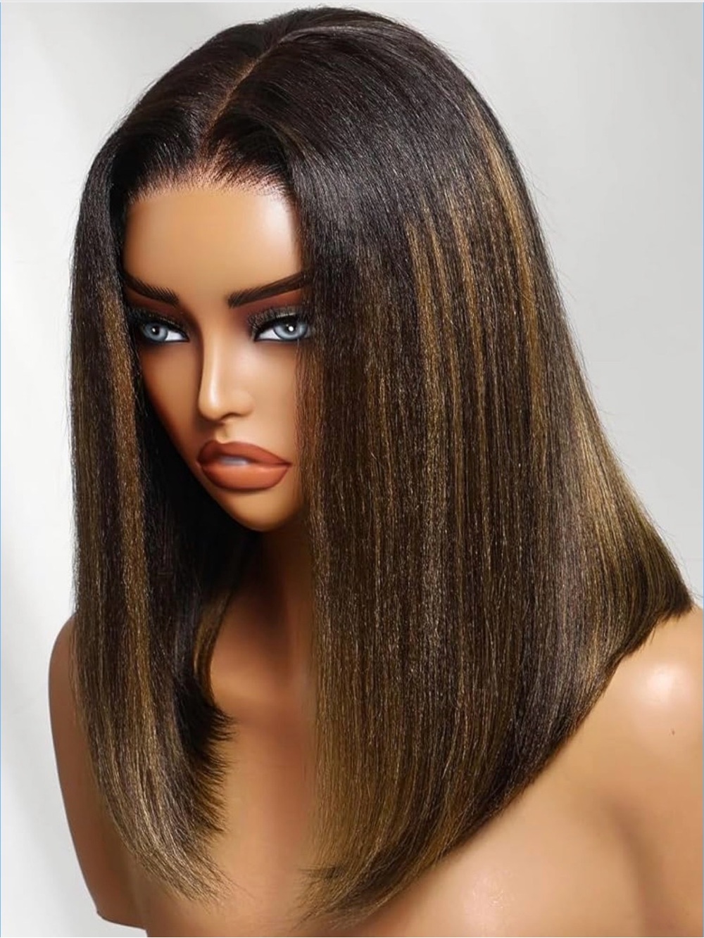 Sleek Straight Center-Part Synthetic Wig in Dark Brown with Honey Highlights